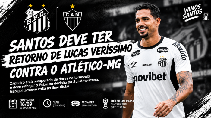 Santos deve ter retorno de Lucas Veríssimo contra o Atlético-MG