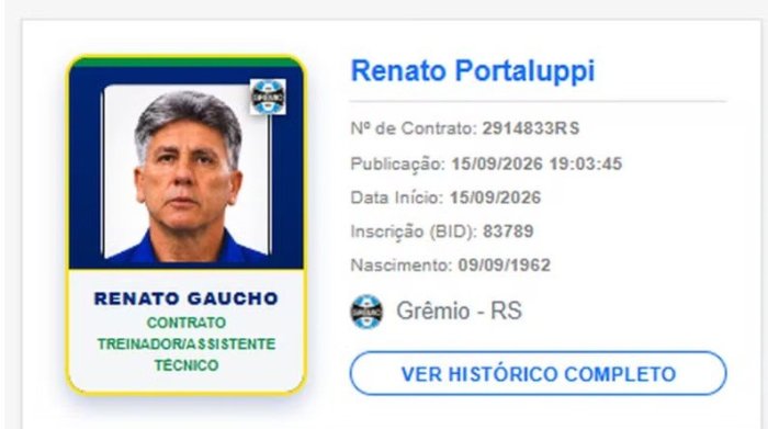 Renato é registrado no BID e fica apto para reestrear pelo Grêmio