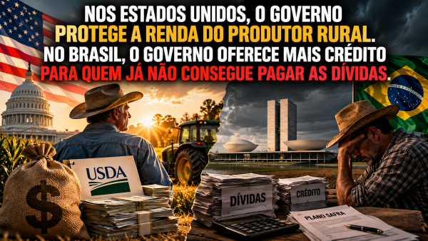 NOS ESTADOS UNIDOS, O GOVERNO PROTEGE A RENDA DO PRODUTOR RURAL. NO BRASIL, O GOVERNO OFERECE MAIS CRÉDITO PARA QUEM JÁ NÃO CONSEGUE PAGAR AS DÍVIDAS.